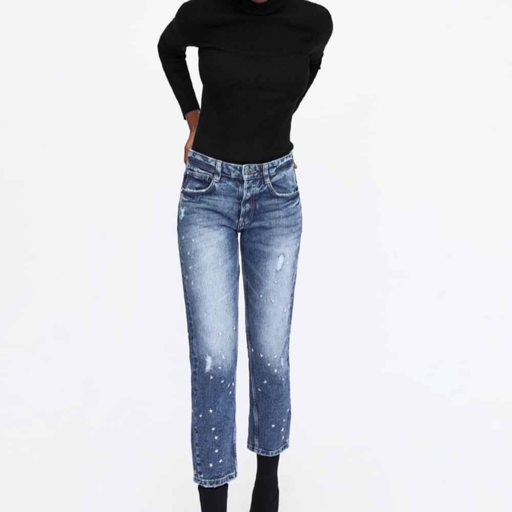 Zara star studded straight mid rise jeans new